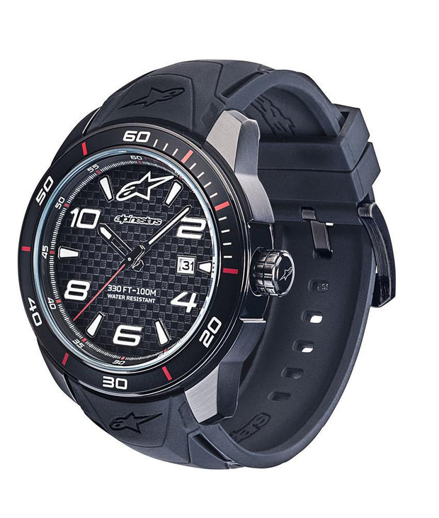 ALPINESTARS TECH WATCH 3 HANDS BLACK PVD STAINLESS STEEL CASE WITH CARBON FIBER DIAL AND PREMIUM INTEGRATED SILICONE STRAP